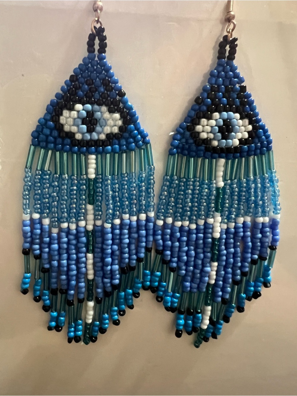 Handmade Blue Beaded Evil Eye Fringe Earrings - Women Jewelry